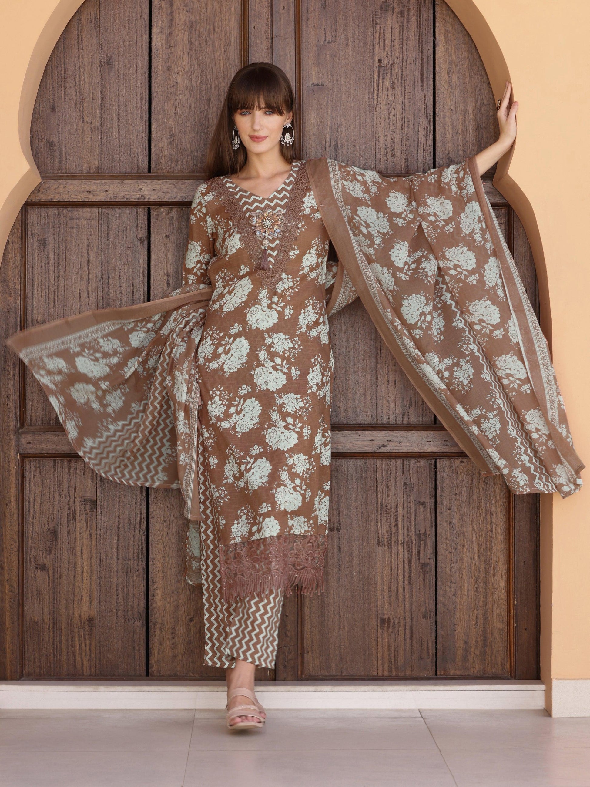Flower Embellished And Printed Kurta With Pant & Dupatta, Brown - Hiral Fashion