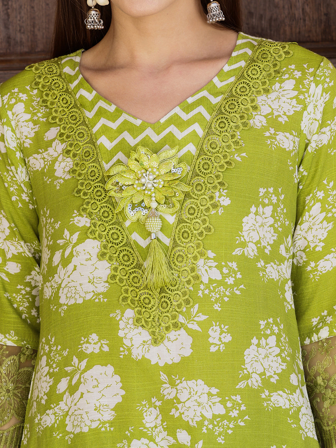 Flower Embellished And Printed Kurta With Pant & Dupatta, Green - Hiral Fashion