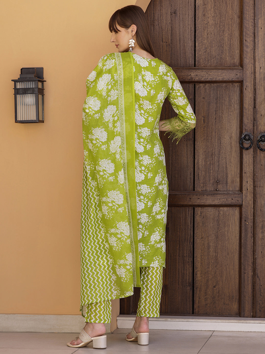 Flower Embellished And Printed Kurta With Pant & Dupatta, Green - Hiral Fashion