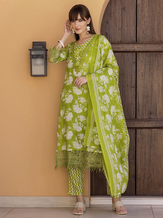 Flower Embellished And Printed Kurta With Pant & Dupatta, Green - Hiral Fashion