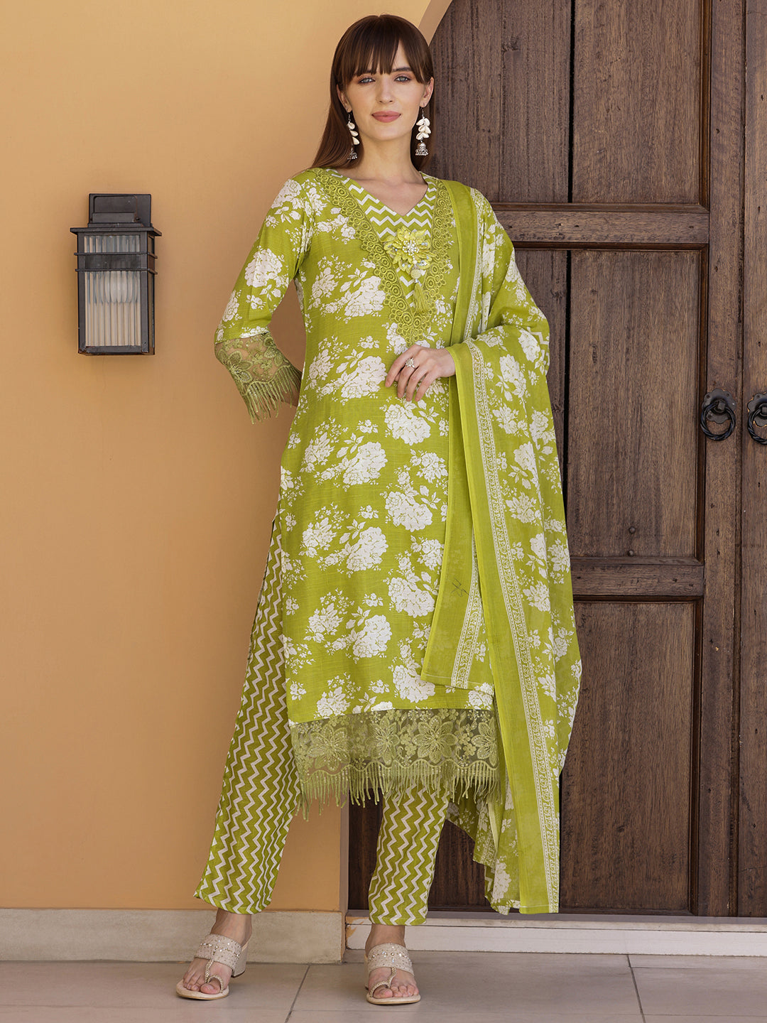 Flower Embellished And Printed Kurta With Pant & Dupatta, Green - Hiral Fashion