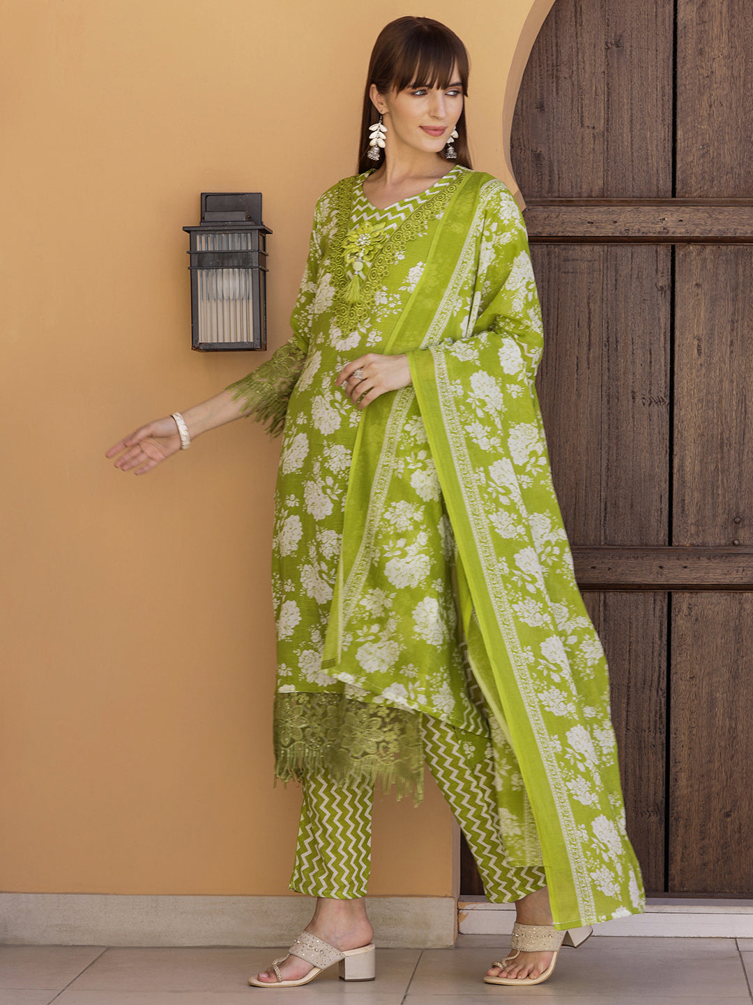 Flower Embellished And Printed Kurta With Pant & Dupatta, Green - Hiral Fashion
