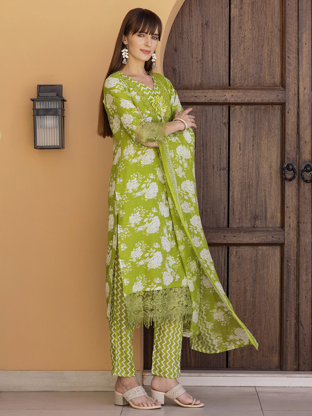 Flower Embellished And Printed Kurta With Pant & Dupatta, Green - Hiral Fashion