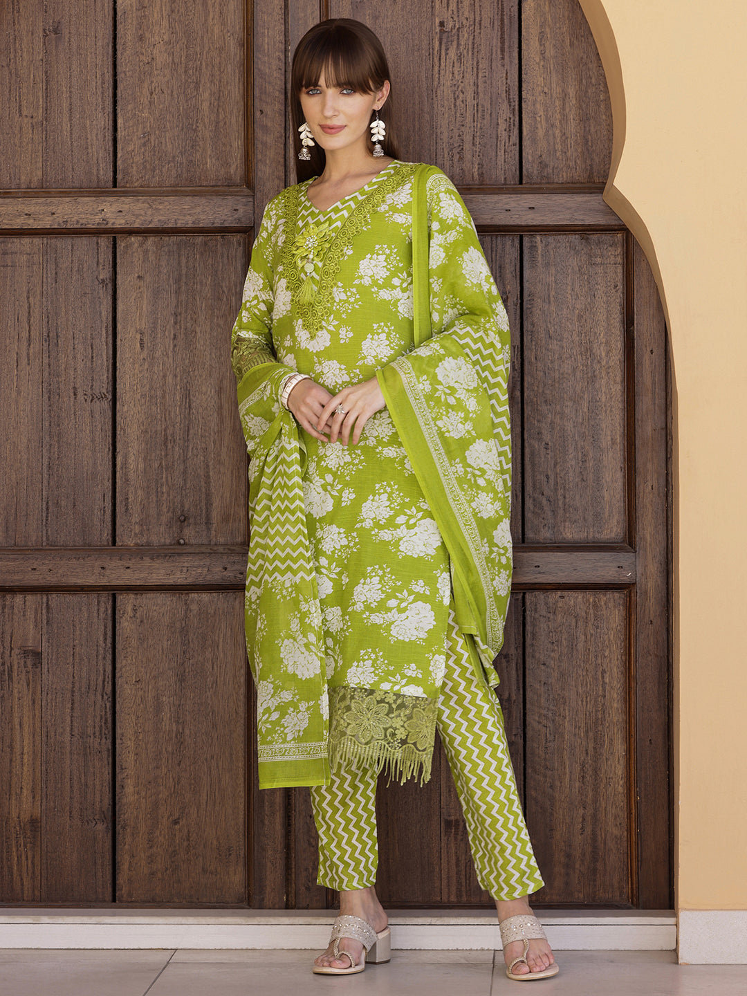 Flower Embellished And Printed Kurta With Pant & Dupatta, Green - Hiral Fashion