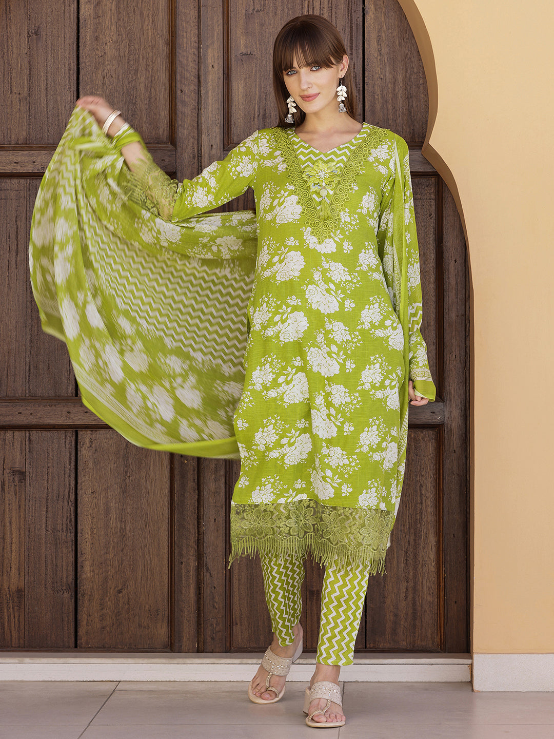 Flower Embellished And Printed Kurta With Pant & Dupatta, Green - Hiral Fashion