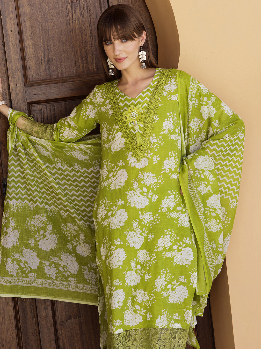 Flower Embellished And Printed Kurta With Pant & Dupatta, Green - Hiral Fashion