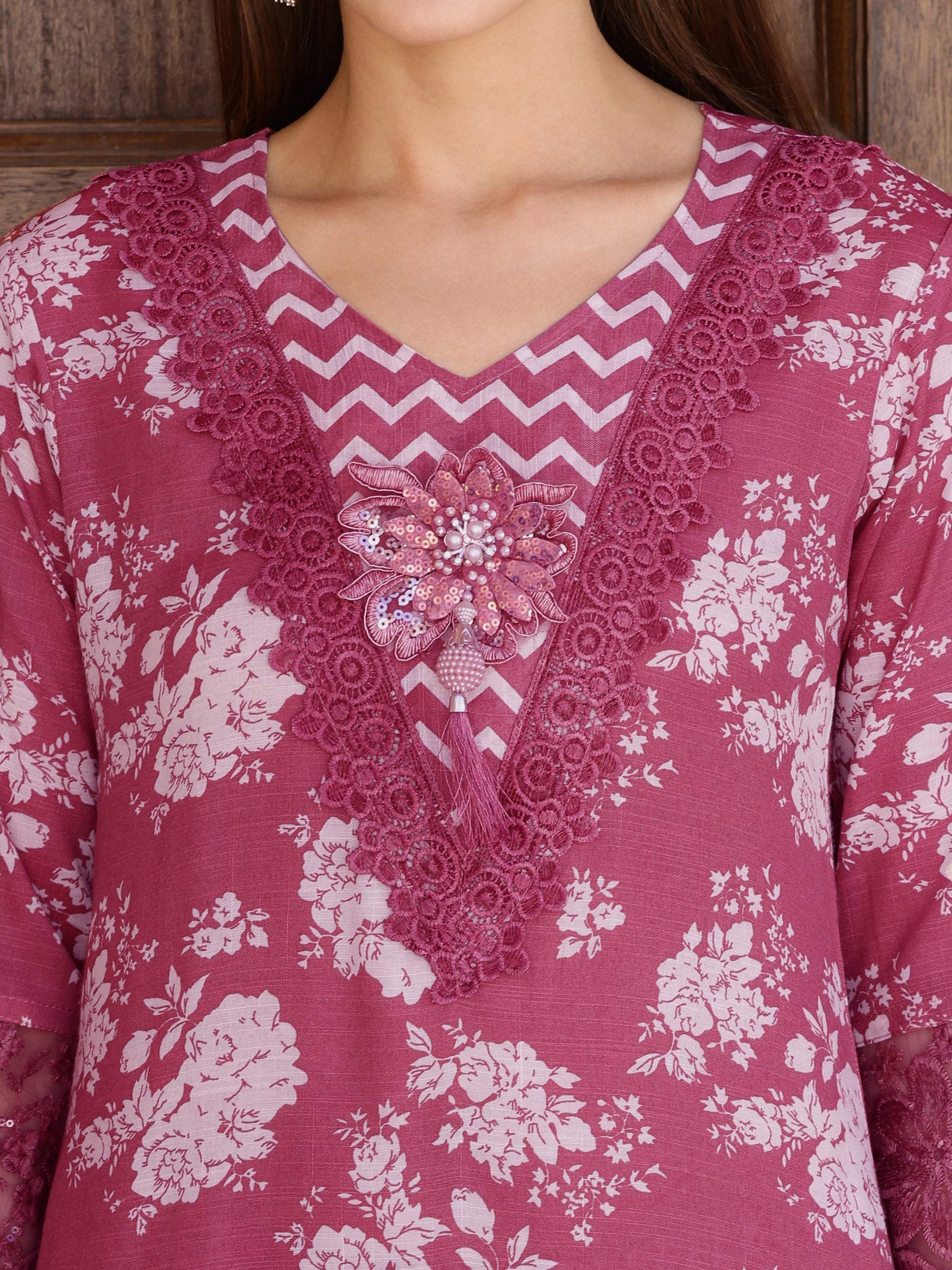 Flower Embellished And Printed Kurta With Pant & Dupatta, Purple - Hiral Fashion