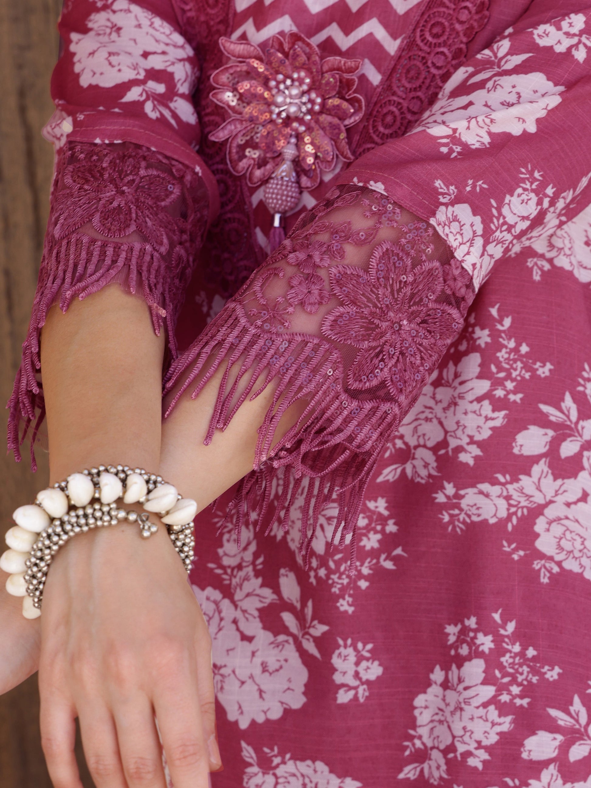 Flower Embellished And Printed Kurta With Pant & Dupatta, Purple - Hiral Fashion