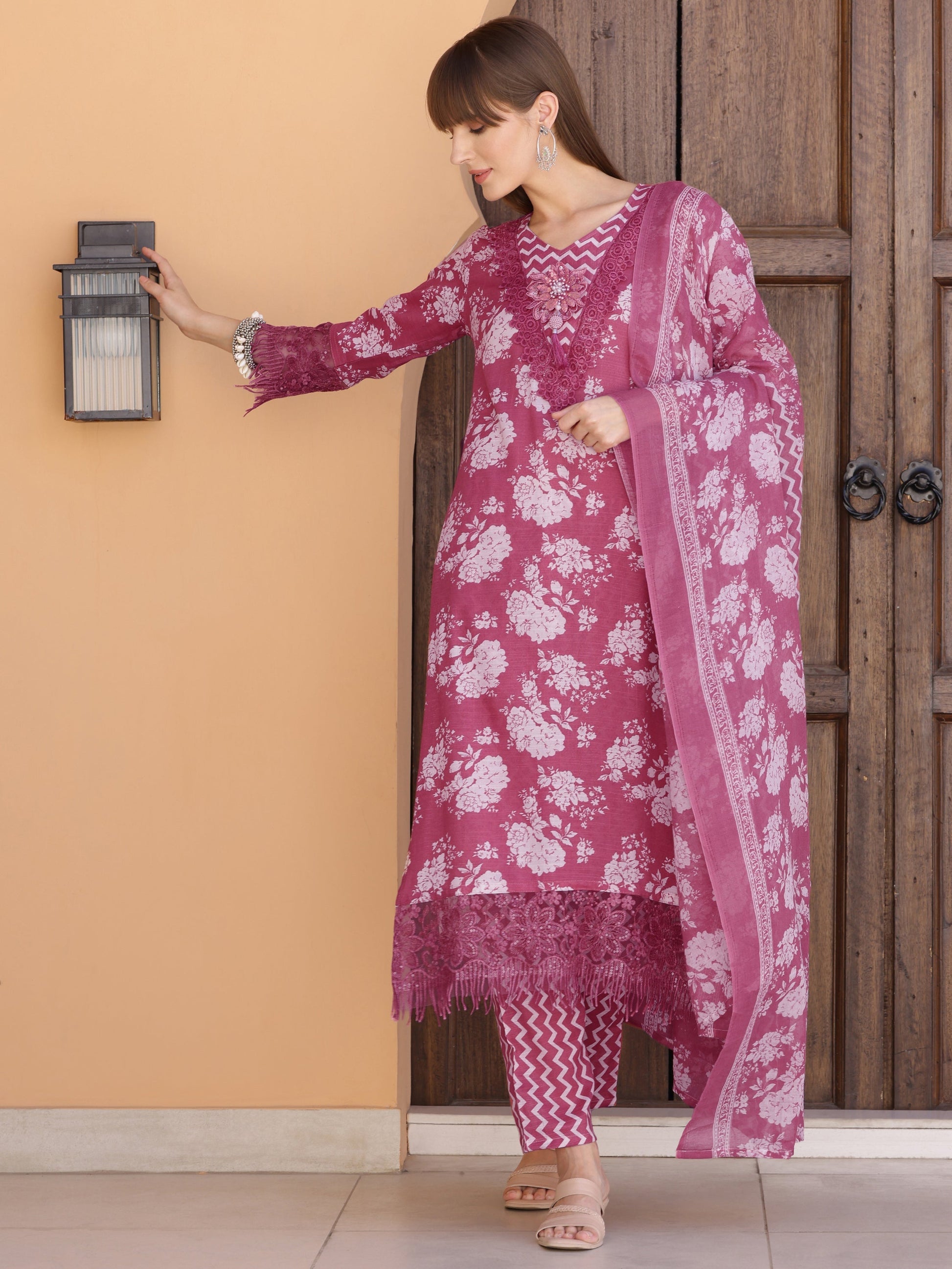 Flower Embellished And Printed Kurta With Pant & Dupatta, Purple - Hiral Fashion