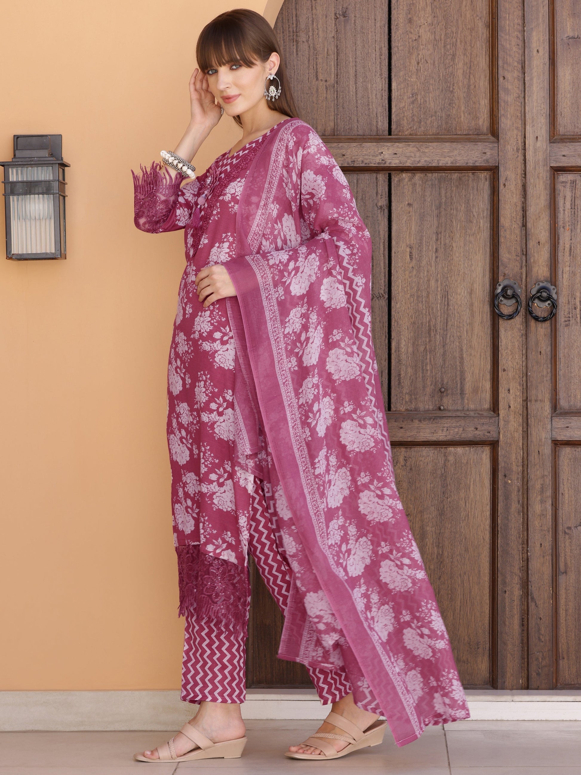Flower Embellished And Printed Kurta With Pant & Dupatta, Purple - Hiral Fashion