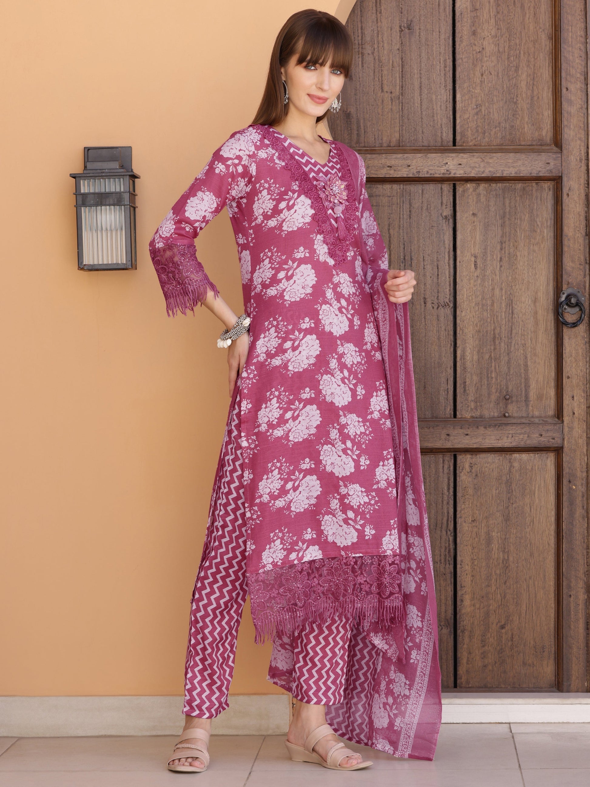Flower Embellished And Printed Kurta With Pant & Dupatta, Purple - Hiral Fashion