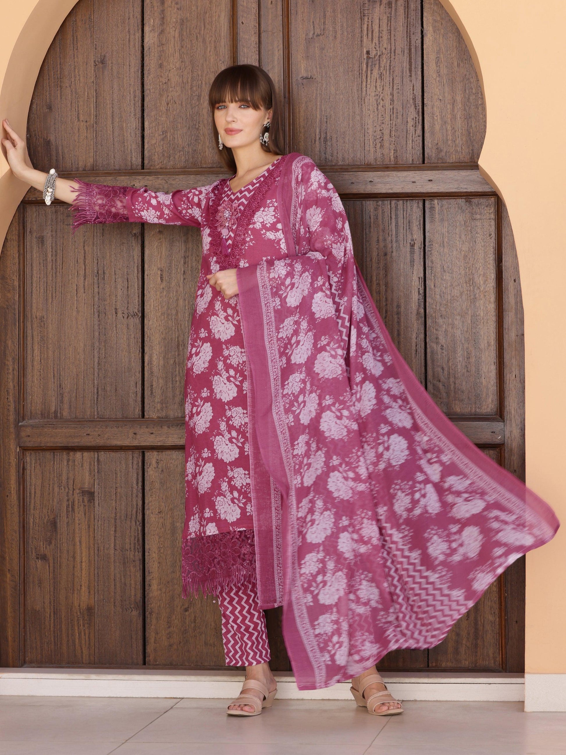 Flower Embellished And Printed Kurta With Pant & Dupatta, Purple - Hiral Fashion