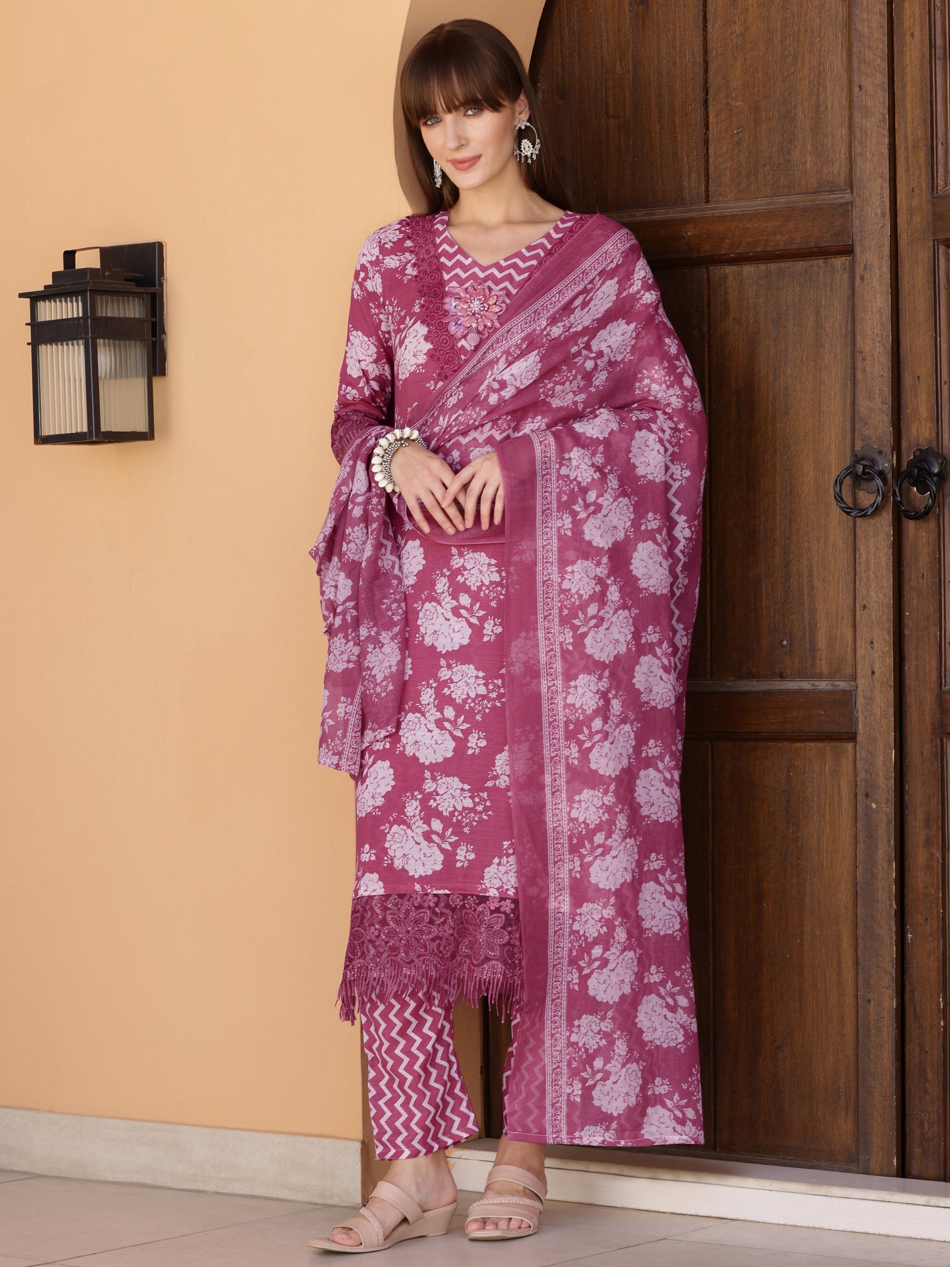Flower Embellished And Printed Kurta With Pant & Dupatta, Purple - Hiral Fashion