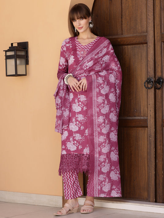 Flower Embellished And Printed Kurta With Pant & Dupatta, Purple - Hiral Fashion