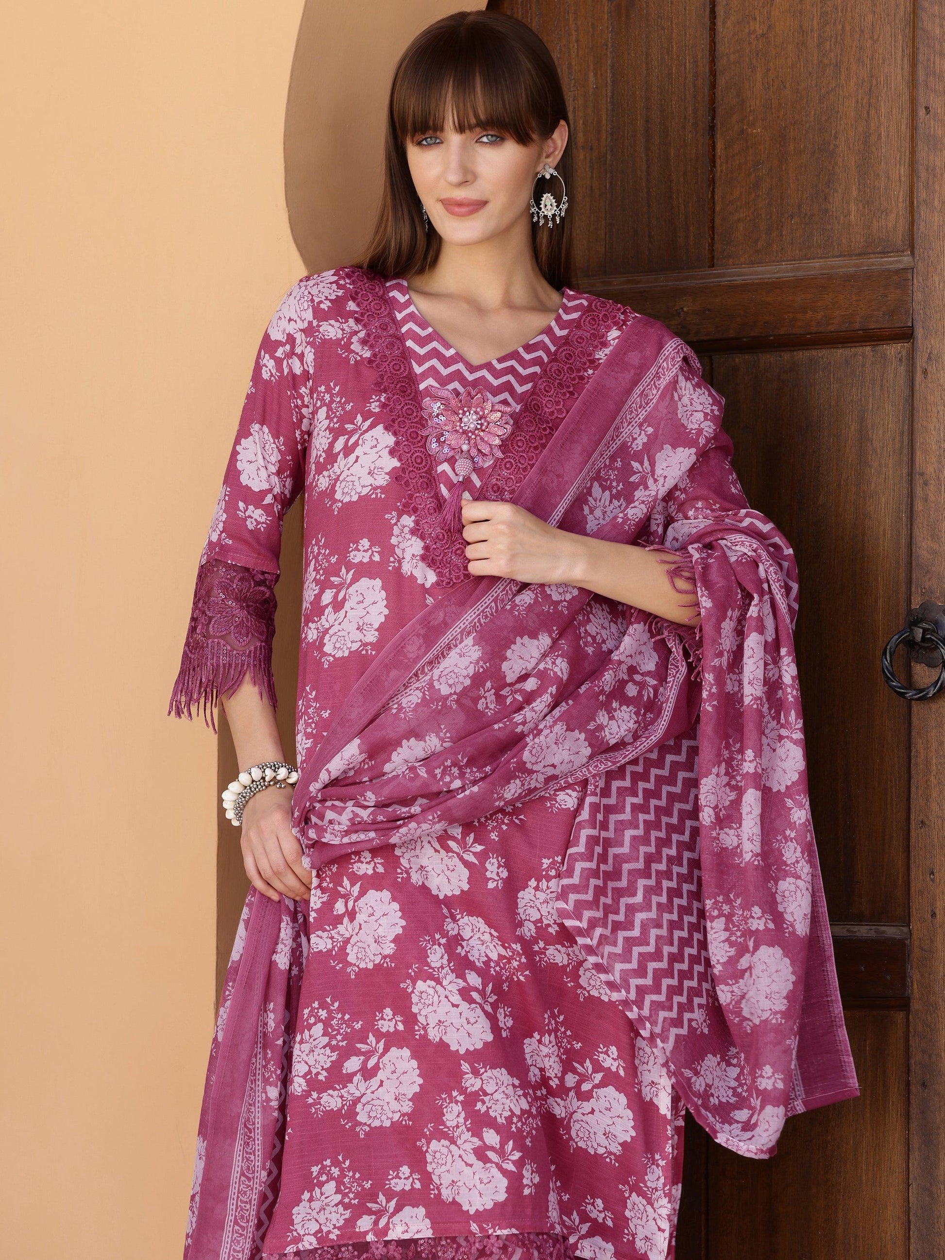 Flower Embellished And Printed Kurta With Pant & Dupatta, Purple - Hiral Fashion