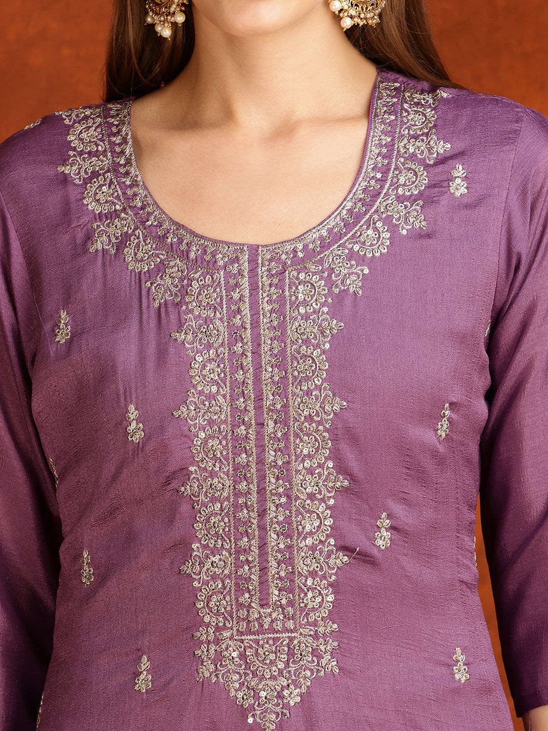 Sequined Embroidered Kurta With Pant & Dupatta, Lavender - Hiral Fashion