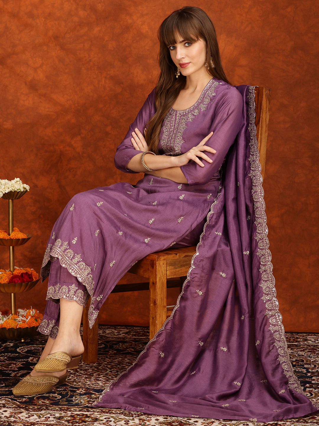Sequined Embroidered Kurta With Pant & Dupatta, Lavender - Hiral Fashion
