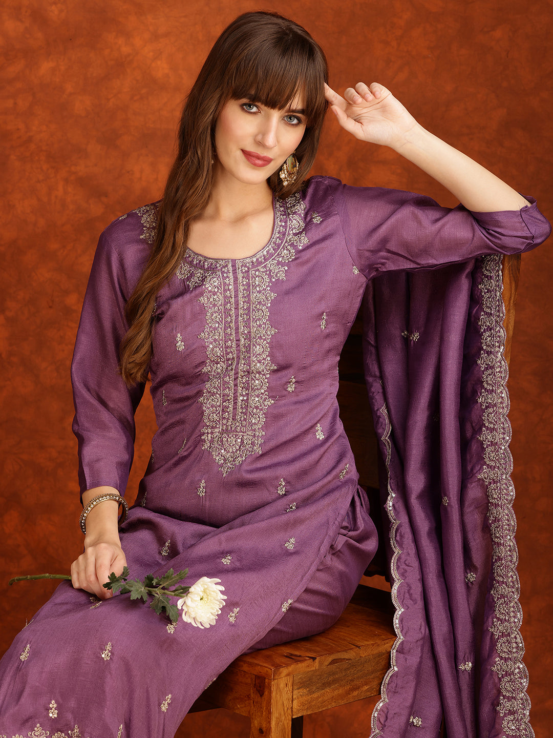 Sequined Embroidered Kurta With Pant & Dupatta, Lavender - Hiral Fashion