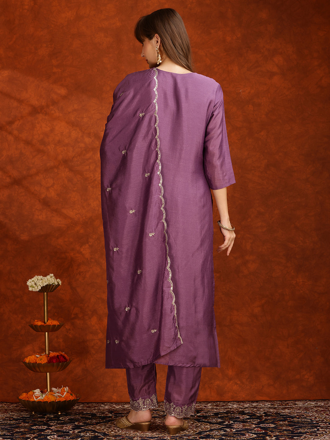 Sequined Embroidered Kurta With Pant & Dupatta, Lavender - Hiral Fashion