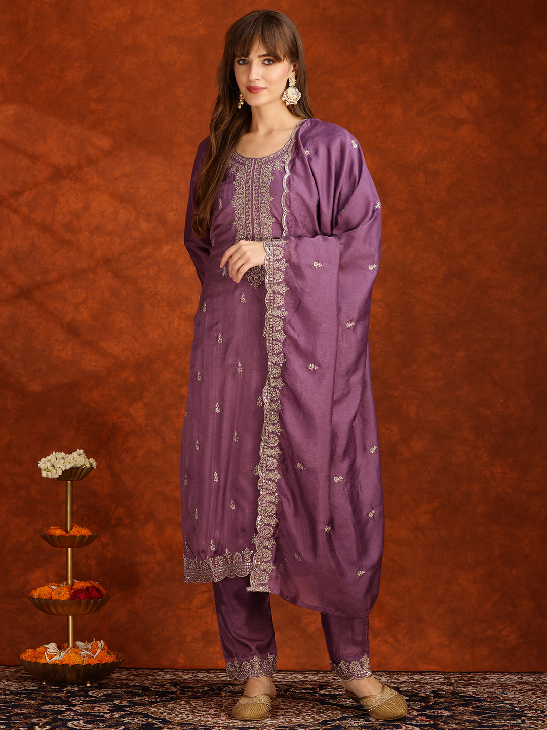 Sequined Embroidered Kurta With Pant & Dupatta, Lavender - Hiral Fashion