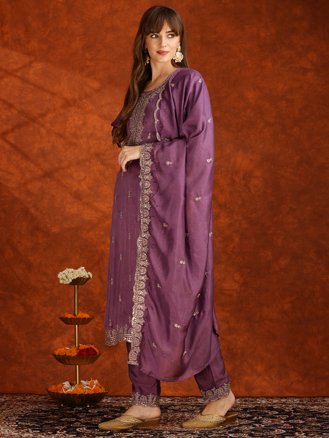 Sequined Embroidered Kurta With Pant & Dupatta, Lavender - Hiral Fashion