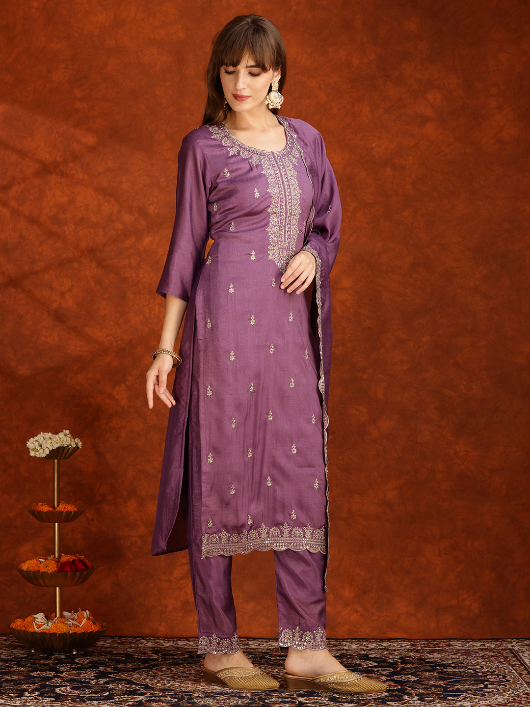 Sequined Embroidered Kurta With Pant & Dupatta, Lavender - Hiral Fashion