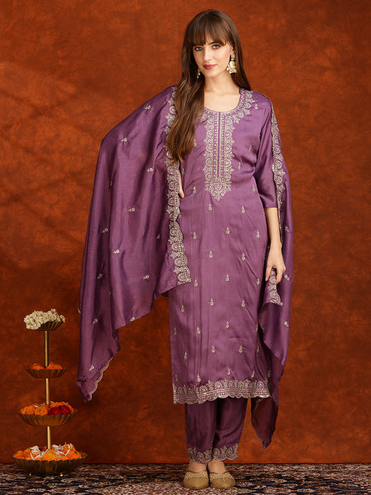 Sequined Embroidered Kurta With Pant & Dupatta, Lavender - Hiral Fashion