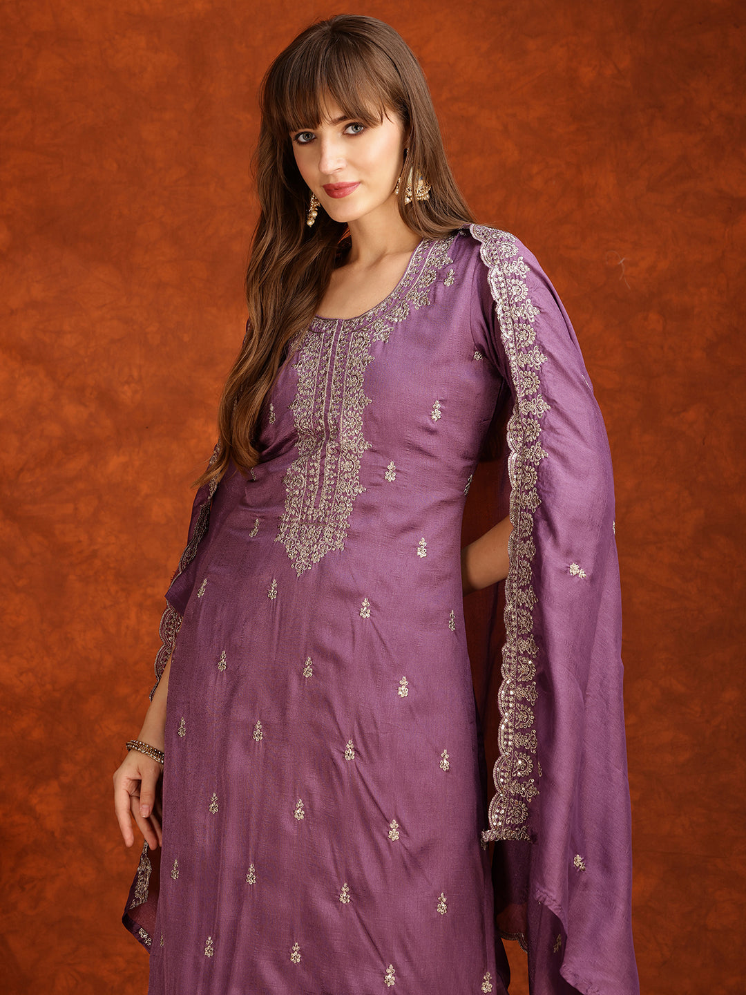 Sequined Embroidered Kurta With Pant & Dupatta, Lavender - Hiral Fashion