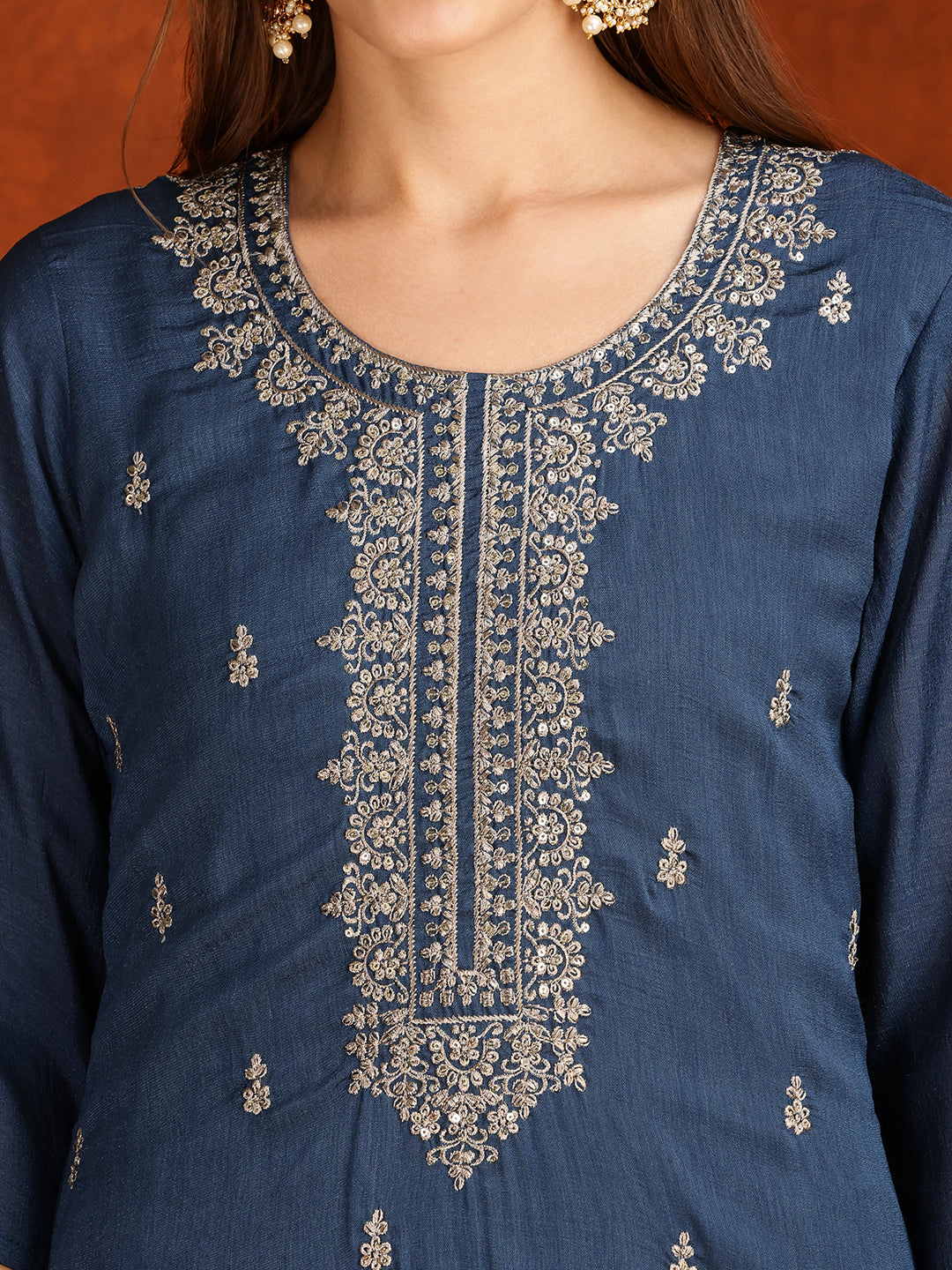 Sequined Embroidered Kurta With Pant & Dupatta, Teal - Hiral Fashion