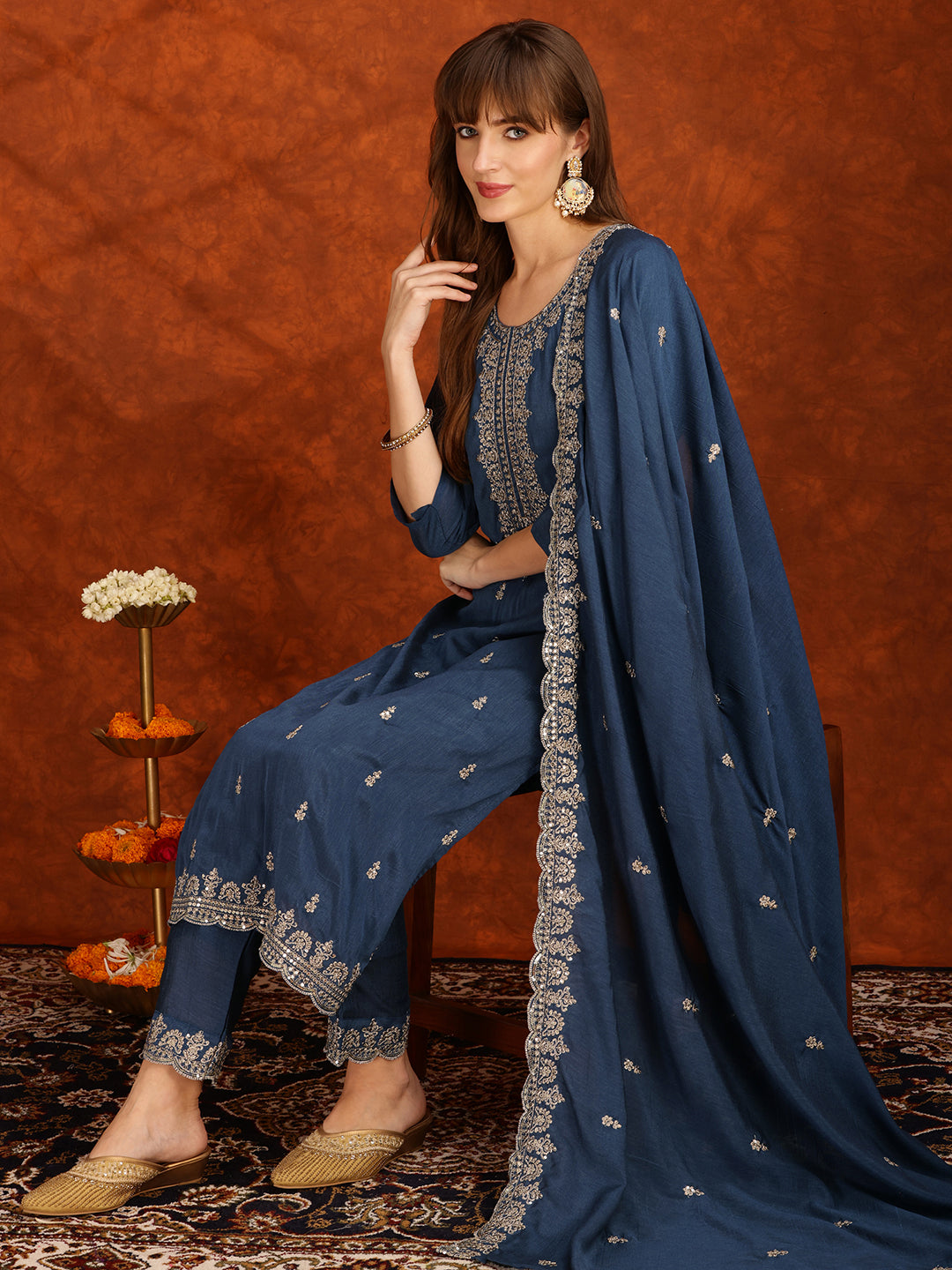 Sequined Embroidered Kurta With Pant & Dupatta, Teal - Hiral Fashion