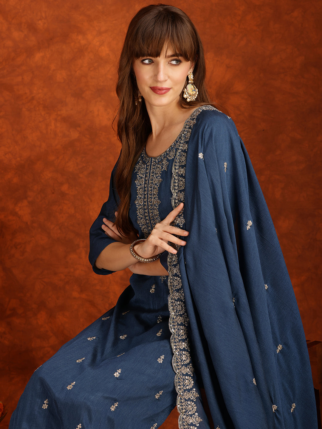 Sequined Embroidered Kurta With Pant & Dupatta, Teal - Hiral Fashion