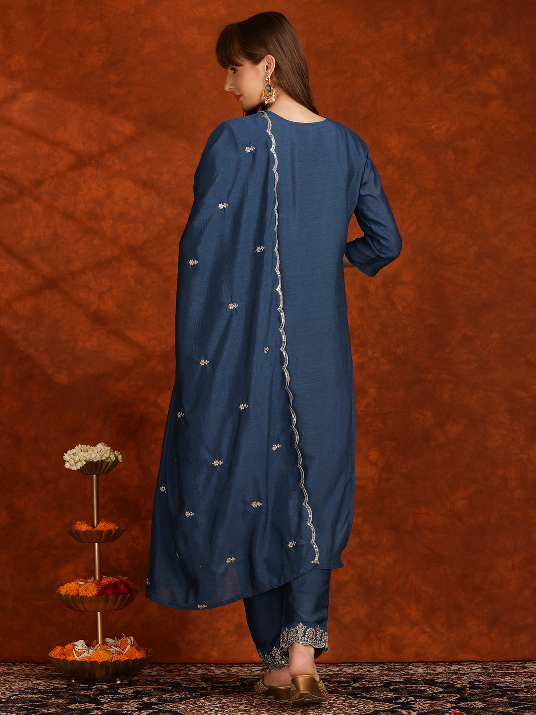 Sequined Embroidered Kurta With Pant & Dupatta, Teal - Hiral Fashion