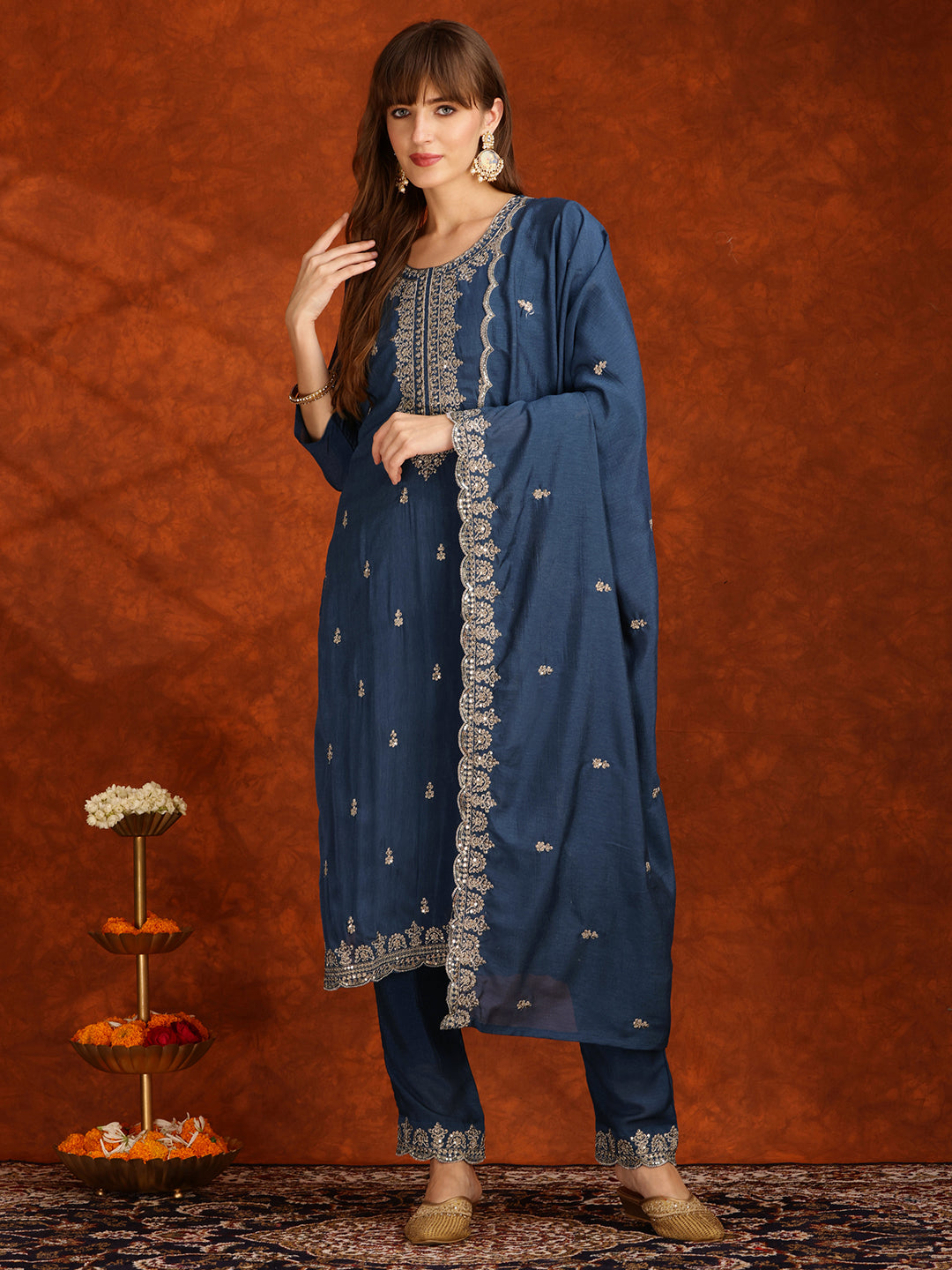 Sequined Embroidered Kurta With Pant & Dupatta, Teal - Hiral Fashion