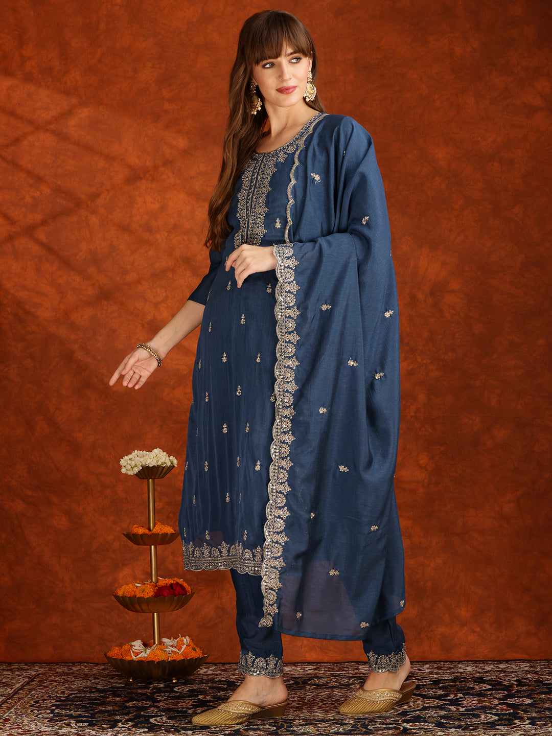 Sequined Embroidered Kurta With Pant & Dupatta, Teal - Hiral Fashion