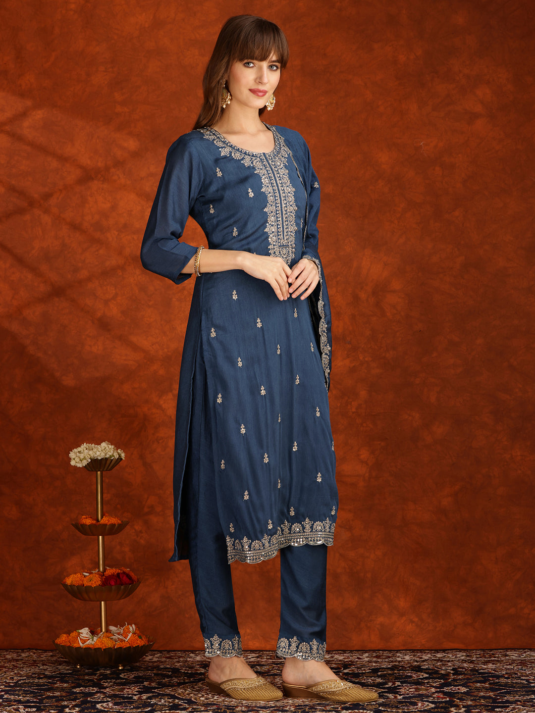Sequined Embroidered Kurta With Pant & Dupatta, Teal - Hiral Fashion