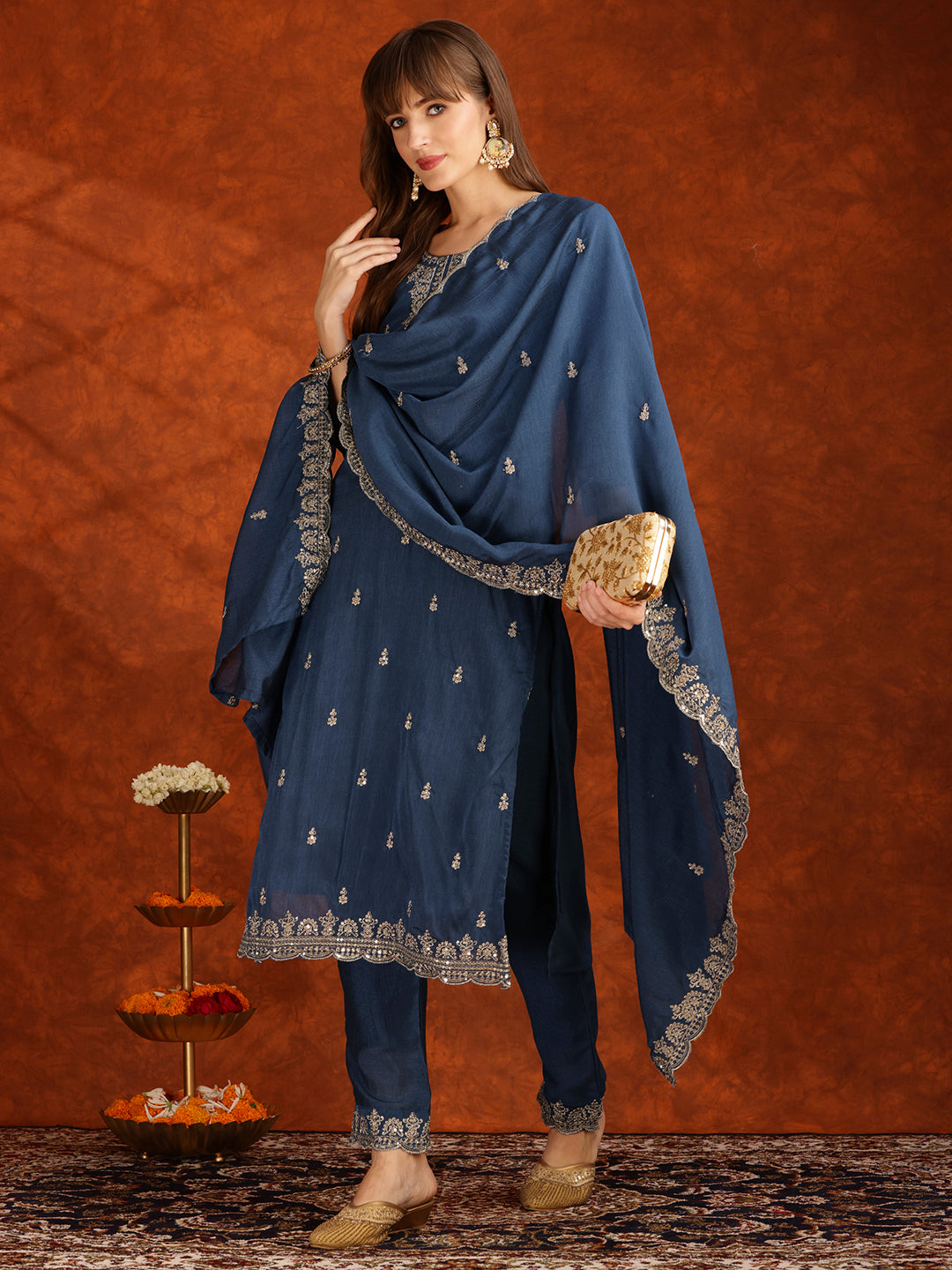 Sequined Embroidered Kurta With Pant & Dupatta, Teal - Hiral Fashion