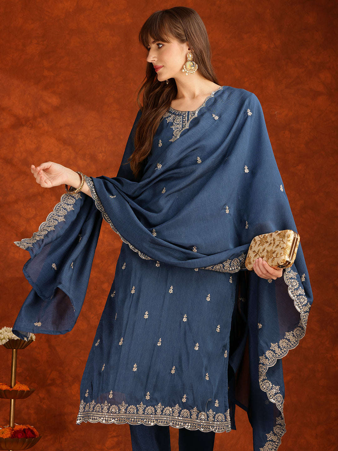 Sequined Embroidered Kurta With Pant & Dupatta, Teal - Hiral Fashion