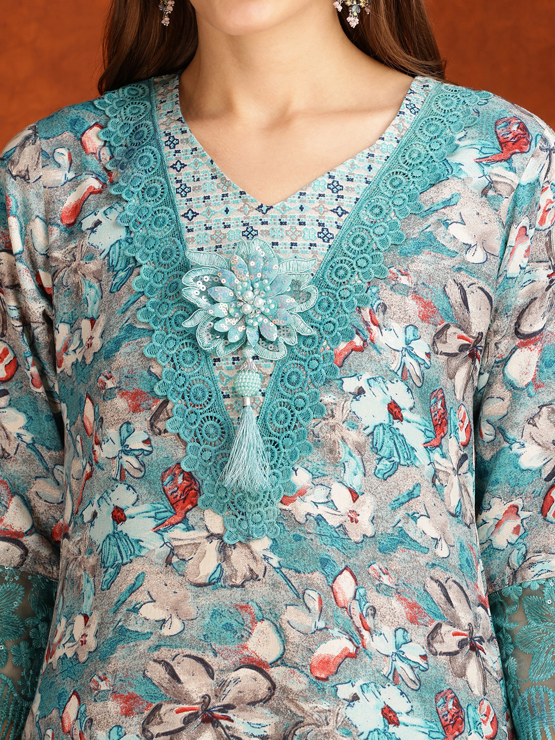 Flower Embellished And Printed Pakistani Kurta With Pant & Dupatta, Aqua-Blue - Hiral Fashion