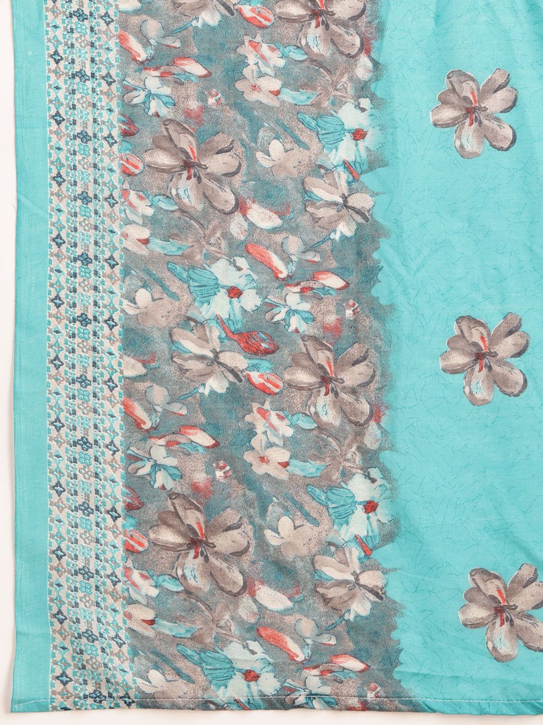 Flower Embellished And Printed Pakistani Kurta With Pant & Dupatta, Aqua-Blue - Hiral Fashion
