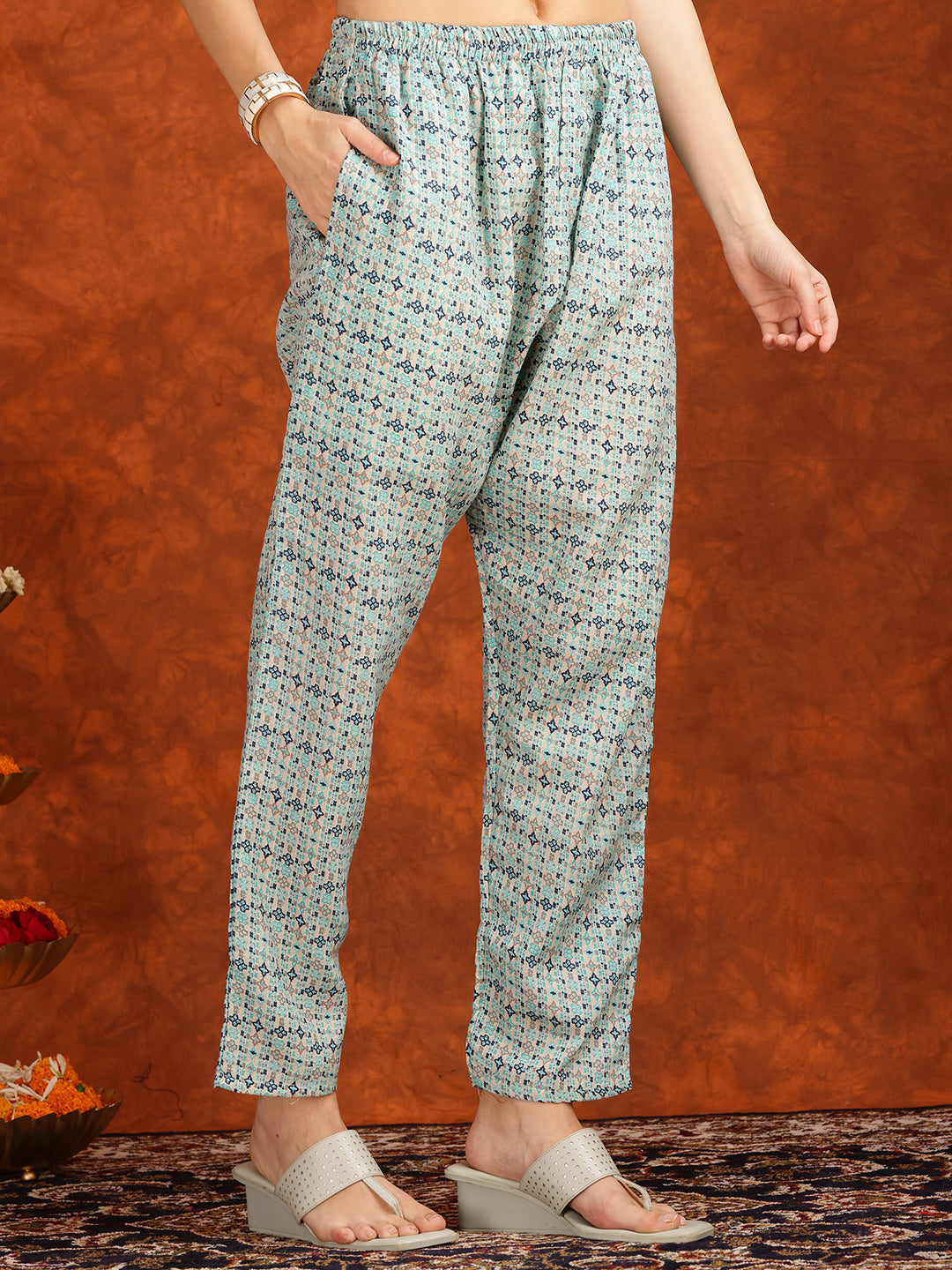 Flower Embellished And Printed Pakistani Kurta With Pant & Dupatta, Aqua-Blue - Hiral Fashion