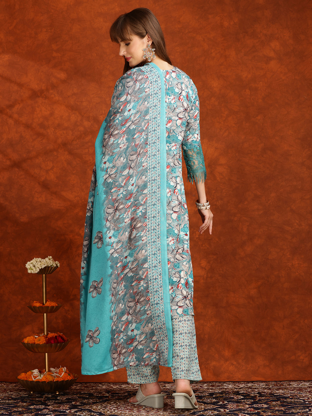 Flower Embellished And Printed Pakistani Kurta With Pant & Dupatta, Aqua-Blue - Hiral Fashion