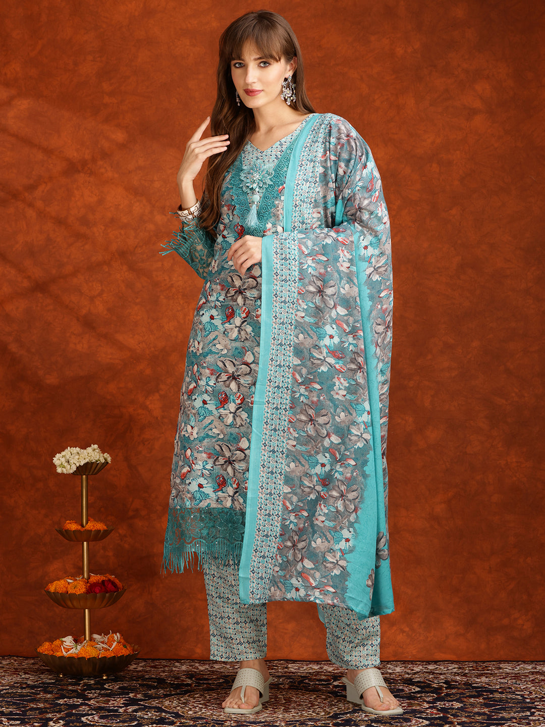 Flower Embellished And Printed Pakistani Kurta With Pant & Dupatta, Aqua-Blue - Hiral Fashion