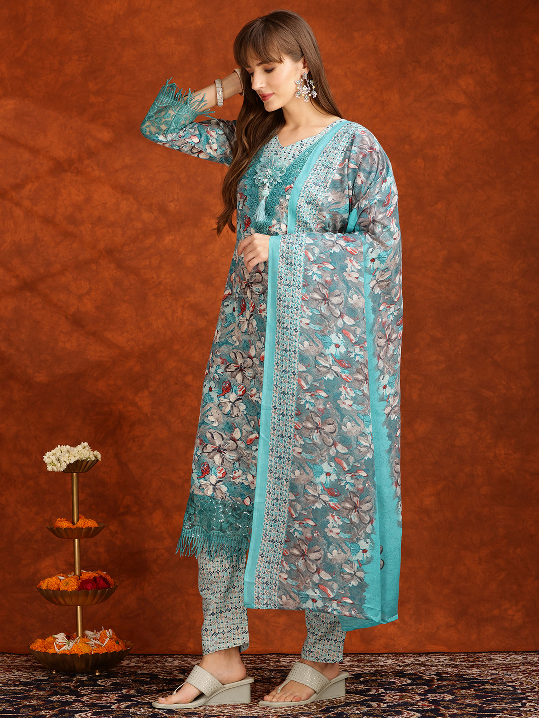 Flower Embellished And Printed Pakistani Kurta With Pant & Dupatta, Aqua-Blue - Hiral Fashion