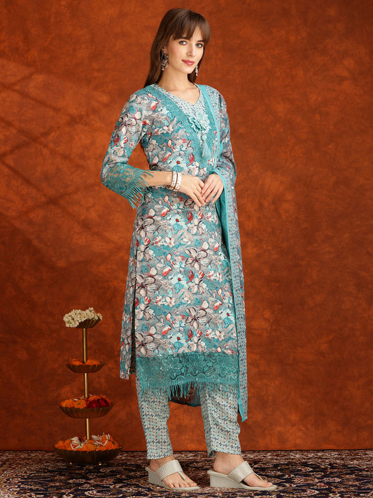 Flower Embellished And Printed Pakistani Kurta With Pant & Dupatta, Aqua-Blue - Hiral Fashion