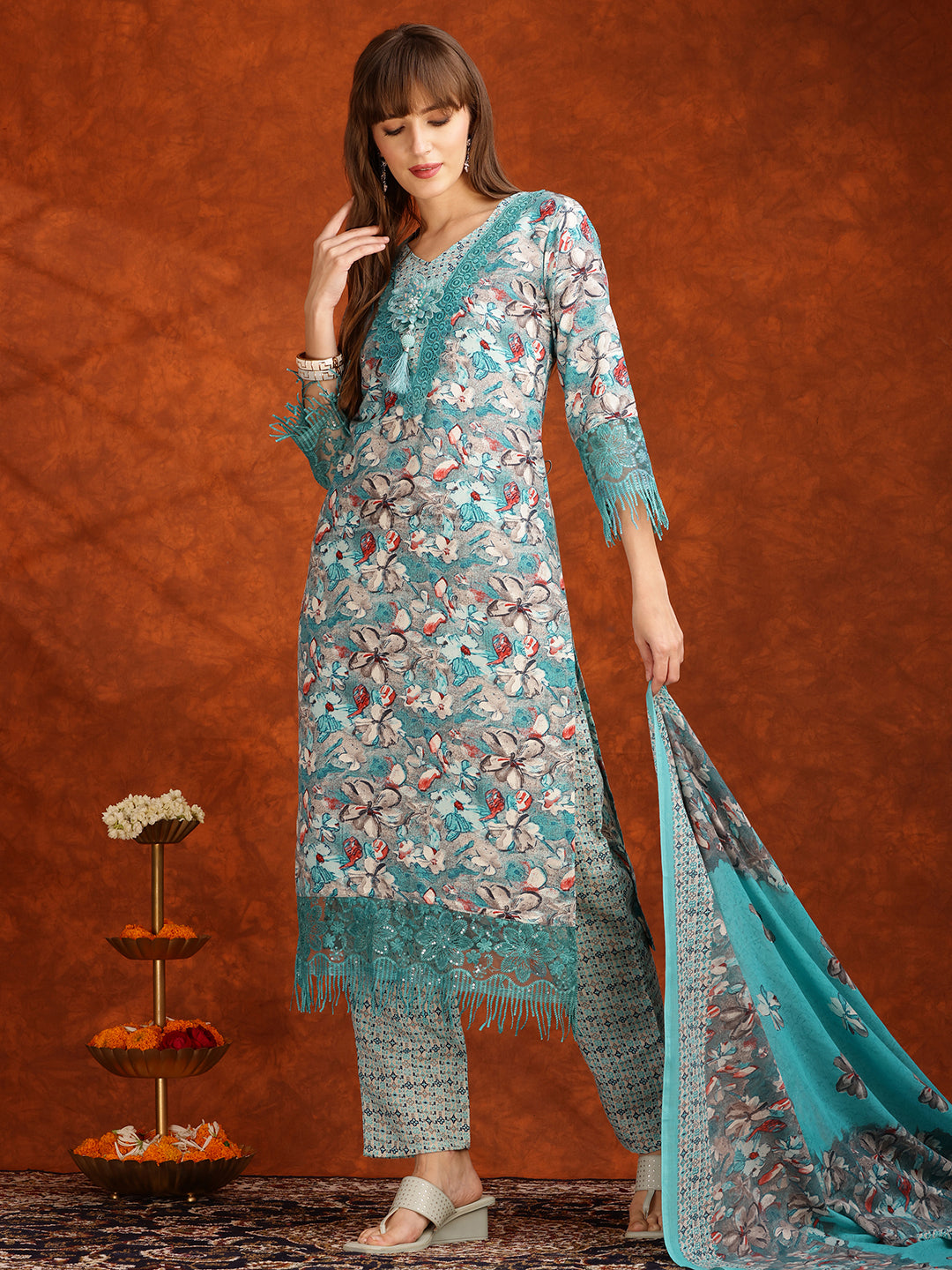Flower Embellished And Printed Pakistani Kurta With Pant & Dupatta, Aqua-Blue - Hiral Fashion