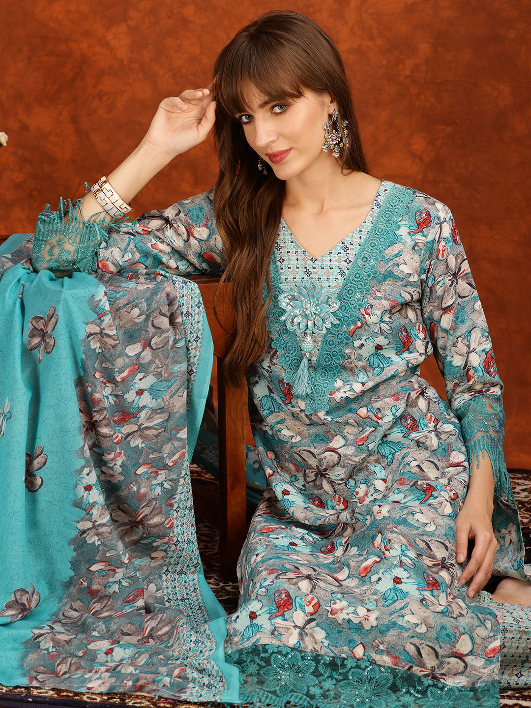 Flower Embellished And Printed Pakistani Kurta With Pant & Dupatta, Aqua-Blue - Hiral Fashion