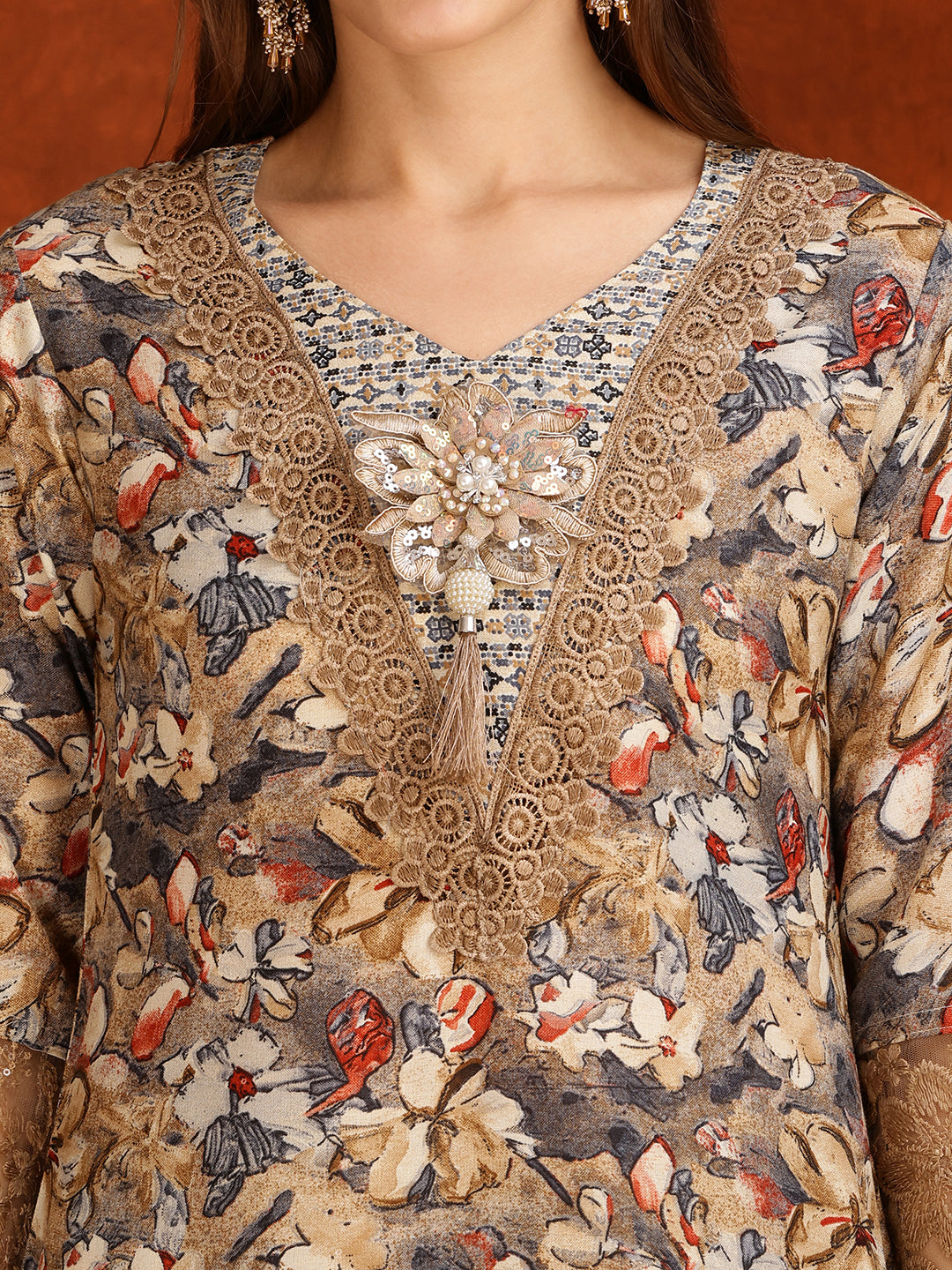 Flower Embellished And Printed Pakistani Kurta With Pant & Dupatta, Brown - Hiral Fashion