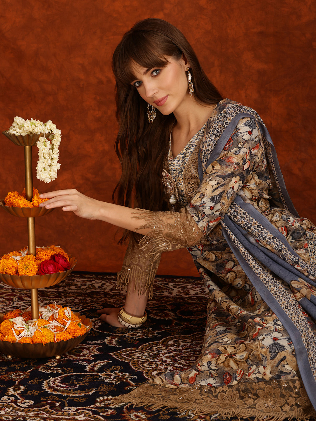 Flower Embellished And Printed Pakistani Kurta With Pant & Dupatta, Brown - Hiral Fashion