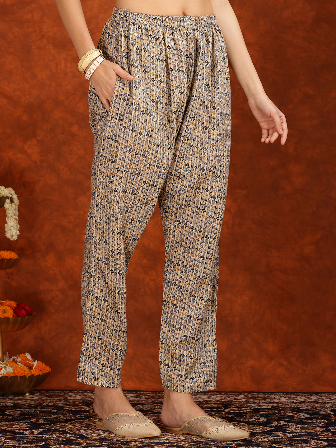 Flower Embellished And Printed Pakistani Kurta With Pant & Dupatta, Brown - Hiral Fashion
