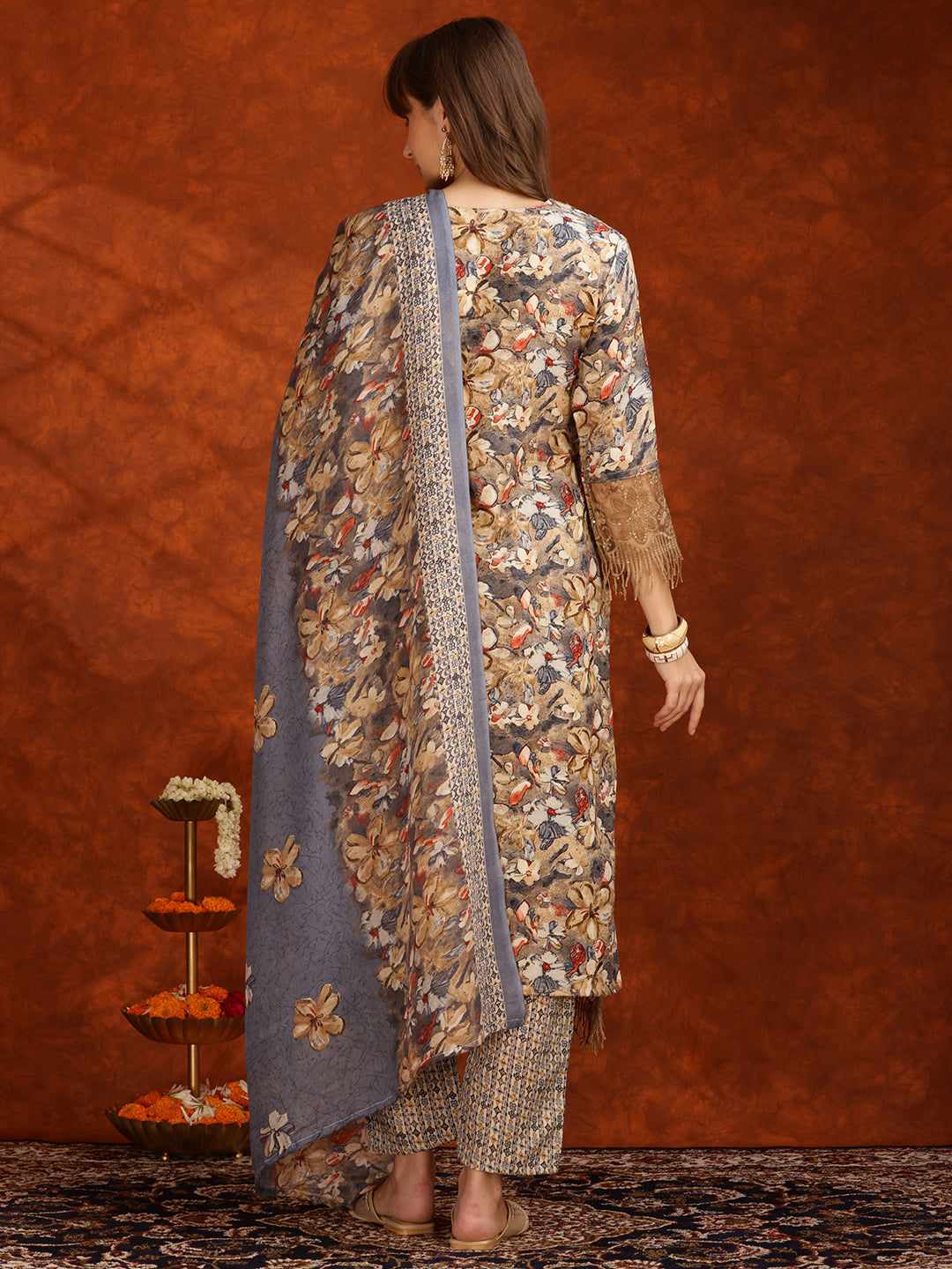 Flower Embellished And Printed Pakistani Kurta With Pant & Dupatta, Brown - Hiral Fashion